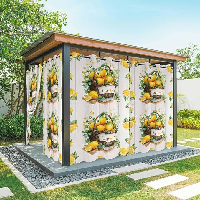 Lemon Outdoor Curtains for Patio Lemons Baskets Summer Tropical Plant Wood Waterproof Outside Curtains with Grommet Top Weatherproof Curtain for Cabana Pergola Gazebo, 1 Panel, 54" W x 84" L