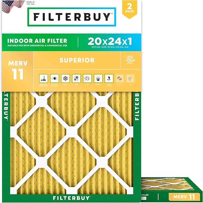 Filterbuy 20x24x1 Air Filter MERV 11 Superior Pet & Allergy Defense (2-Pack), Electrostatic Pleated HVAC AC Furnace Filters Replacement, Made in USA (Actual Size: 19.38 x 23.38 x 0.75)