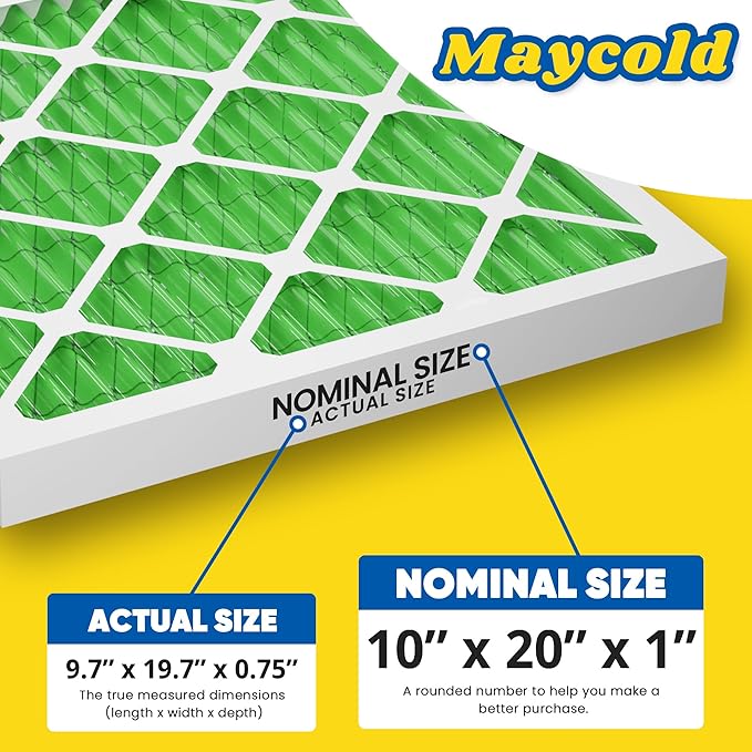 Maycold MERV 13 10x20x1 Air Filter (6-Pack), High-Efficiency Pleated AC & Furnace Filters, Actual Size: 9.70” x 19.70” x 0.75”, Individually Wrapped in Plastic