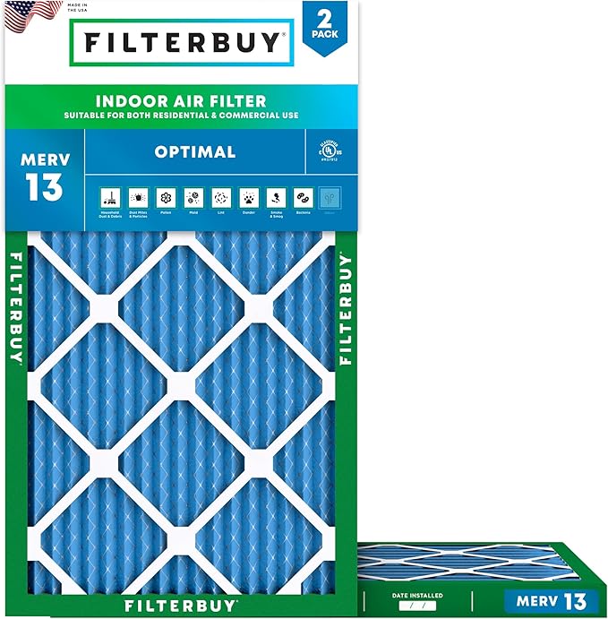 Filterbuy 13x21.5x1 Air Filter MERV 13 Optimal Smoke & Allergy Defense (2-Pack), Electrostatic Pleated HVAC AC Furnace Filters Replacement, Made in USA (Actual Size: 12.88 x 21.50 x 0.75)