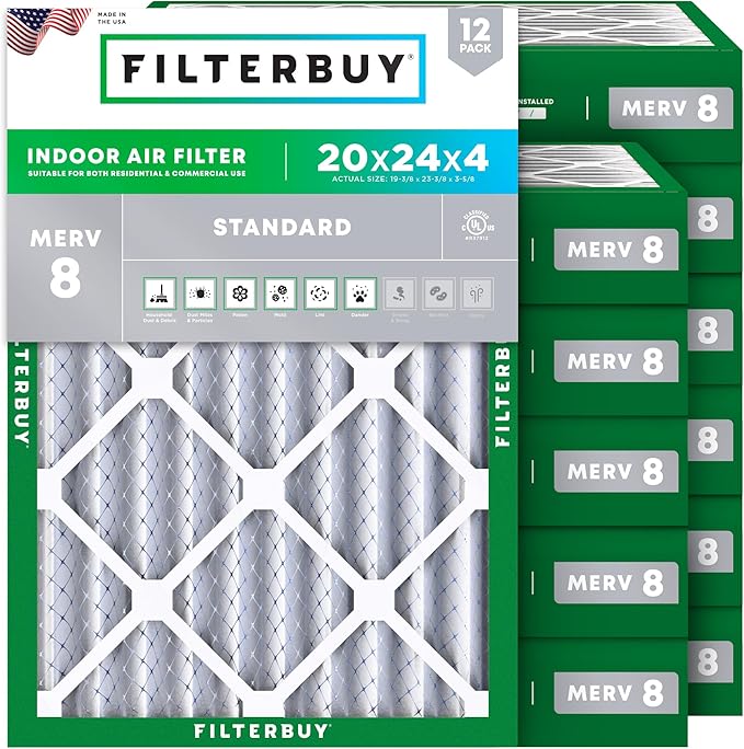 Filterbuy 20x24x4 Air Filter MERV 8 Essential Dust & Allergy Defense (12-Pack), Electrostatic Pleated HVAC AC Furnace Filters Replacement, Made in USA (Actual Size: 19.38 x 23.38 x 3.63)