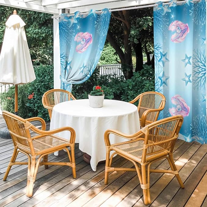 Ocean Shell Outdoor Curtains for Patio Corals Starfish Summer Marine Waterproof Outside Curtains with Grommet Top Weatherproof Curtain for Cabana Pergola Gazebo, 1 Panel, 54" W x 108" L