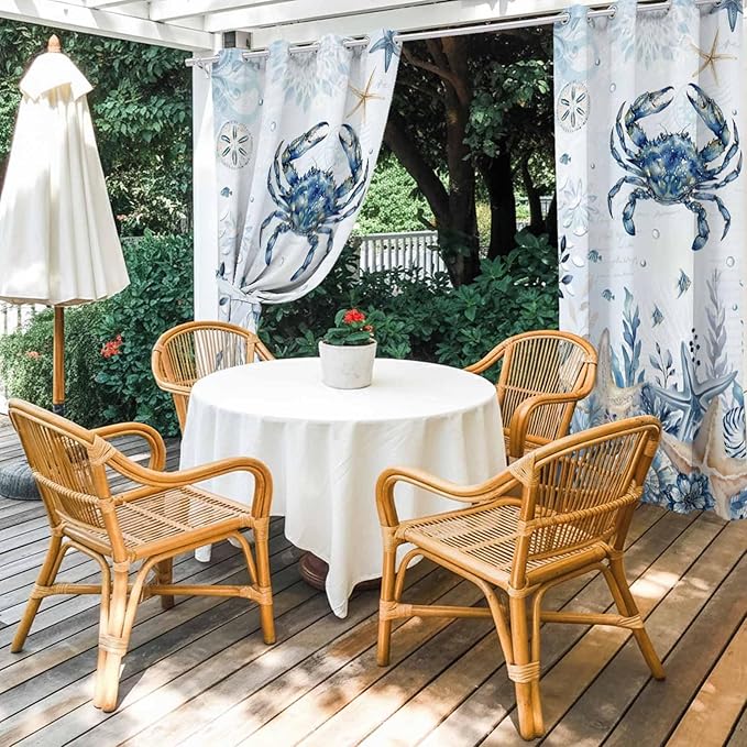 Oceans Outdoor Curtains for Patio Crabs Marine Life Shell Starfish Blue Waterproof Outside Curtains with Grommet Top Weatherproof Curtain for Cabana Pergola Gazebo, 1 Panel, 54" W x 108" L