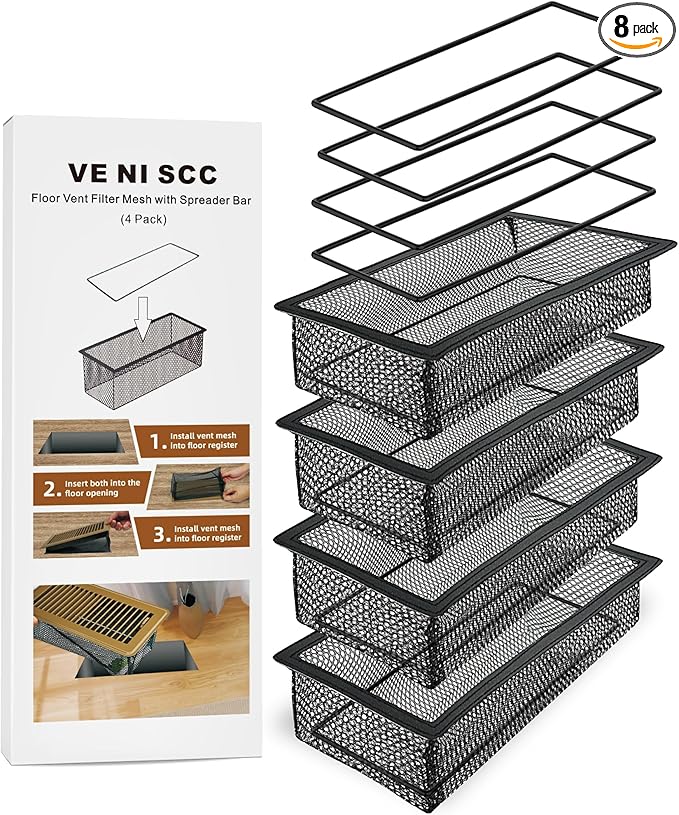 Floor Vent Screen Net for Home Floor, Floor Register Cover Trap 4 x 12 Inch, Air Vent Filter Mesh Catches Coin, Toys, Pet Food and Hair - with Spreader Bar 4 Pack