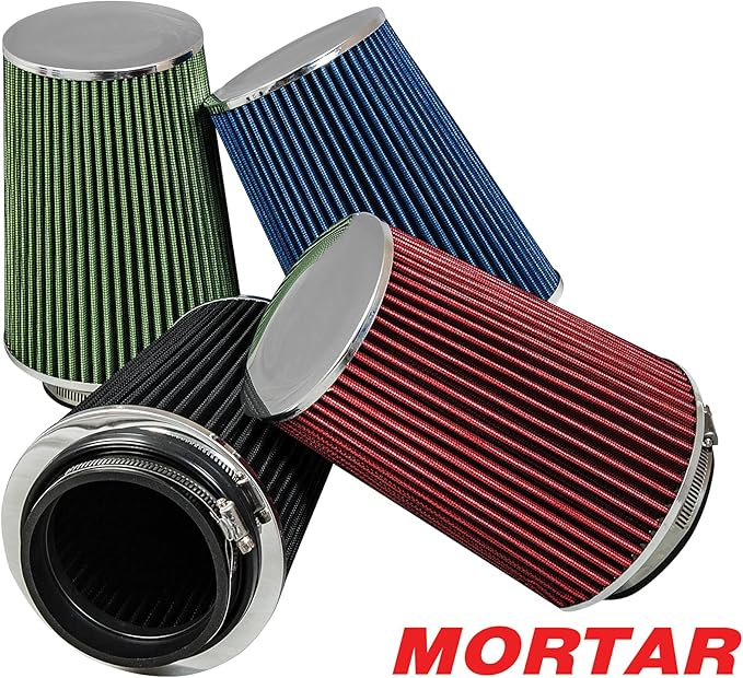 Mortar Aftermarket Auto Air Filter - Car Enthusiast Class Universal Cold Air Intake Gulps in More Air for More Engine Power & Passionate Induction Sound, 8-In-Long, Flange ID 4 In, Blue