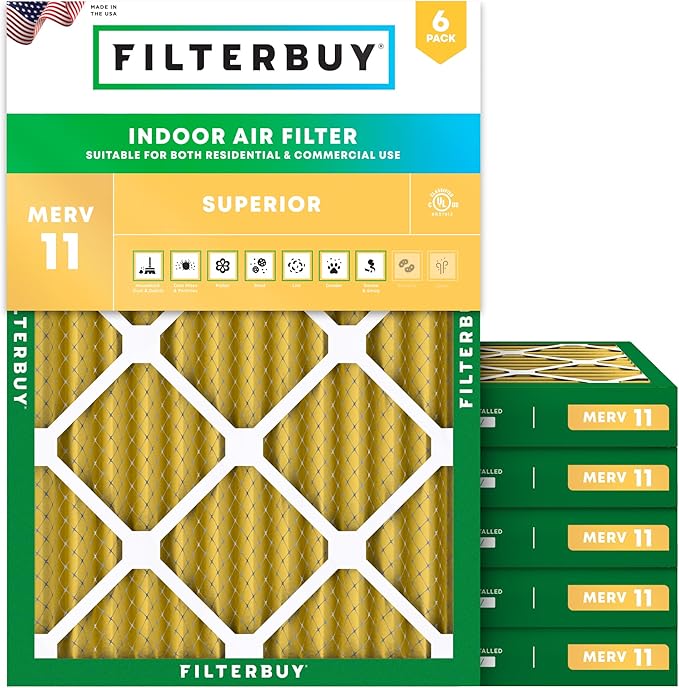 Filterbuy 18x25x2 Air Filter MERV 11 Superior Pet & Allergy Defense (6-Pack), Electrostatic Pleated HVAC AC Furnace Filters Replacement, Made in USA (Actual Size: 17.50 x 24.50 x 1.75)