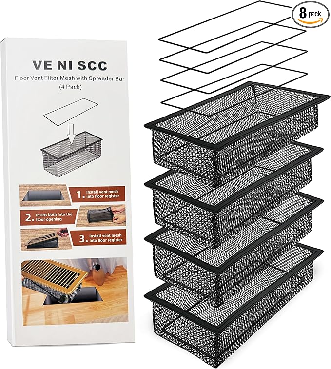 4 x 8'' Floor Vent Cover Trap, Floor Vent Screen Net for Home Floor, Air Vent Filter Mesh Catches Coin, Toys, Pet Food and Hair, Keeps Duct Cleaning - with Spreader Bar 4 Pack