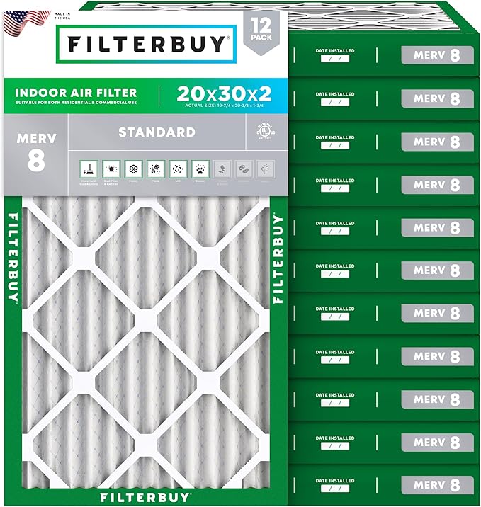 Filterbuy 20x30x2 Air Filter MERV 8 Essential Dust & Allergy Defense (12-Pack), Electrostatic Pleated HVAC AC Furnace Filters Replacement, Made in USA (Actual Size: 19.75 x 29.75 x 1.75)