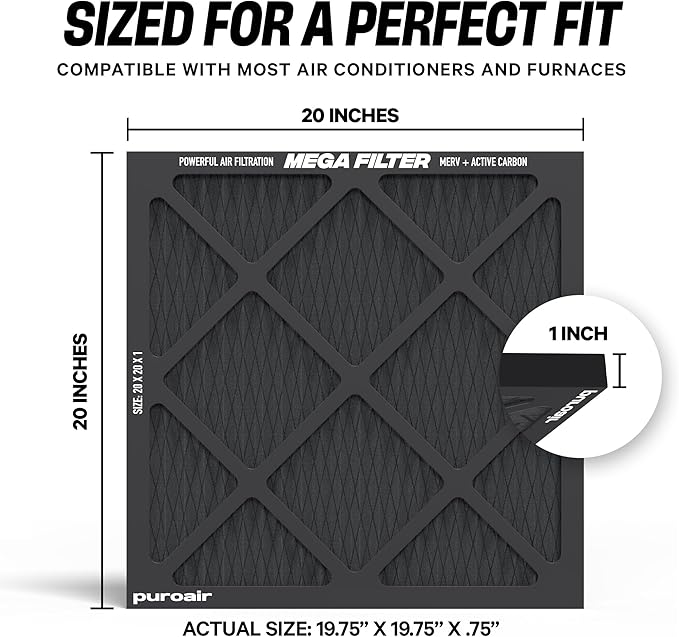 PuroAir MegaFilter - 20x20x1 Air Filter MERV 13 Activated CarbonTech Defense - Heavy Duty 3 Layer Furnace Filters Allergens, Pollen, Dust, Pet Dander, Smoke, Odors - HVAC Air Filter 20x20x1 (1-Pack)