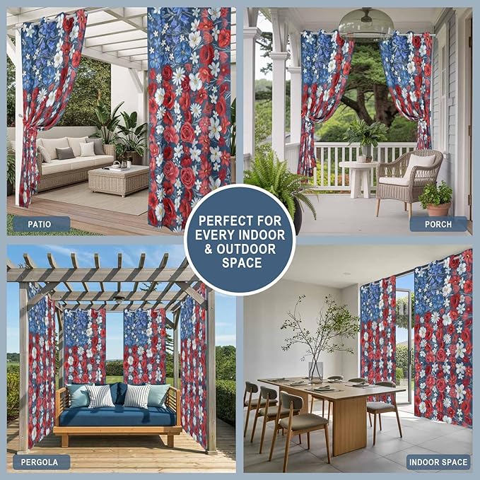4th of July Outdoor Curtains for Patio Patriotic Flowers Farmhouse Red Waterproof Outside Curtains with Grommet Top Weatherproof Curtain for Cabana Pergola Gazebo, 1 Panel, 54" W x 84" L