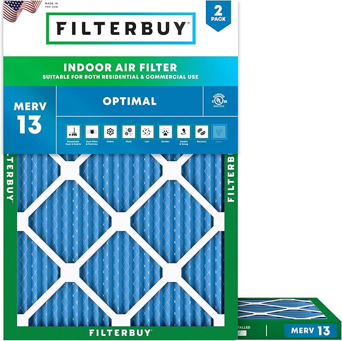 Filterbuy 16.5x21.5x1 Air Filter MERV 13 Optimal Smoke & Allergy Defense (2-Pack), Electrostatic Pleated HVAC AC Furnace Filters Replacement for Bryant and Carrier (Actual Size: 16.50 x 21.50 x 0.75)