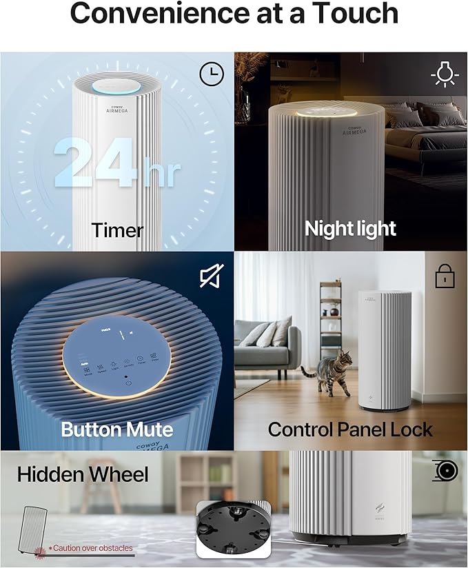 COWAY Air Purifier for Large Room Whole Home Up to 3,285 ft², HEPA Filter for Smoke, Allergen, Pet Dander, Odor, PM(1, 2.5, 10), AQI, Turbo Eco Mode, Energy Star, 3yr Warranty, Airmega 450 White