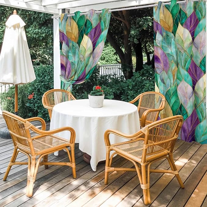 Leaves Outdoor Curtains for Patio Gorgeous Leaf Abstract Spring Waterproof Outside Curtains with Grommet Top Weatherproof Curtain for Cabana Pergola Gazebo, 2 Pack, 54" W x 84" L