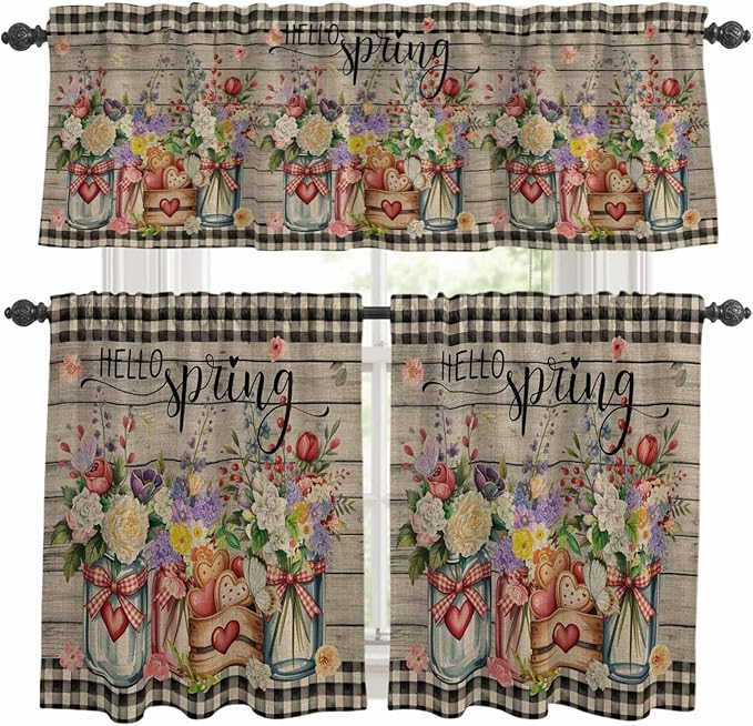 Kitchen Curtains Tiers and Valance Set of 3, Spring Flowers Light Filtering Window Curtain Set, Farmhouse Vintage Black Plaid Wood Grain Rod Pocket Curtain Drapes for Living Room, 24 Inches Tiers