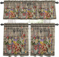 Kitchen Curtains Tiers and Valance Set of 3, Spring Flowers Light Filtering Window Curtain Set, Farmhouse Vintage Black Plaid Wood Grain Rod Pocket Curtain Drapes for Living Room, 24 Inches Tiers
