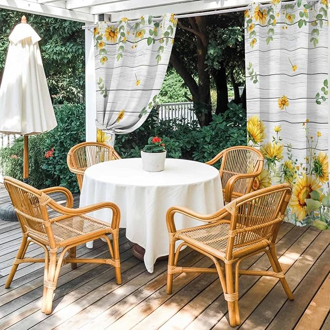 Sunflowers Outdoor Curtains for Patio Summer Floral Eucalyptus Leaf Wood Plank Waterproof Outside Curtains with Grommet Top Weatherproof Curtain for Cabana Pergola Gazebo, 2 Pack, 54" W x 84" L
