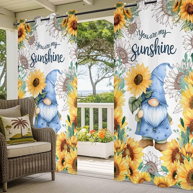 Summer Outdoor Curtains for Patio Sunflowers Gnome Eucalyptus Leaves Waterproof Outside Curtains with Grommet Top Weatherproof Curtain for Cabana Pergola Gazebo, 2 Pack, 54" W x 108" L