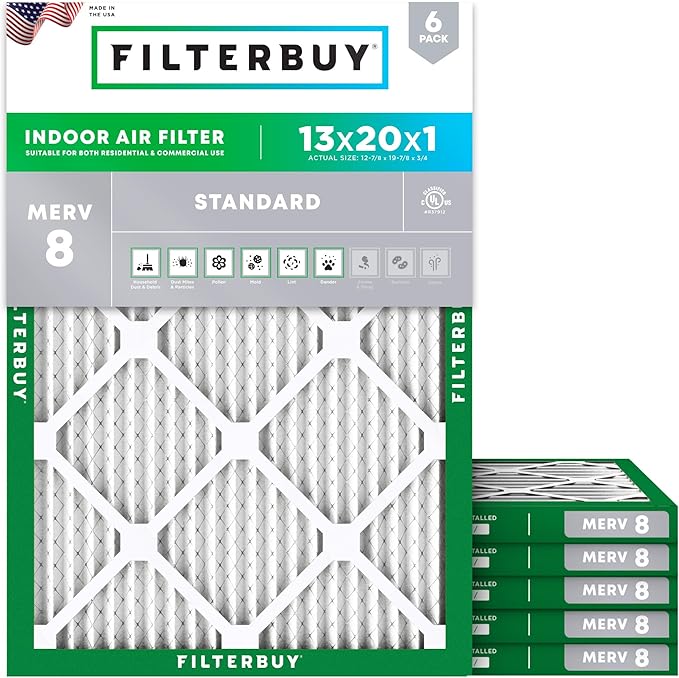 Filterbuy 13x20x1 Air Filter MERV 8 Essential Dust & Allergy Defense (6-Pack), Electrostatic Pleated HVAC AC Furnace Filters Replacement, Made in USA (Actual Size: 12.88 x 19.88 x 0.75)