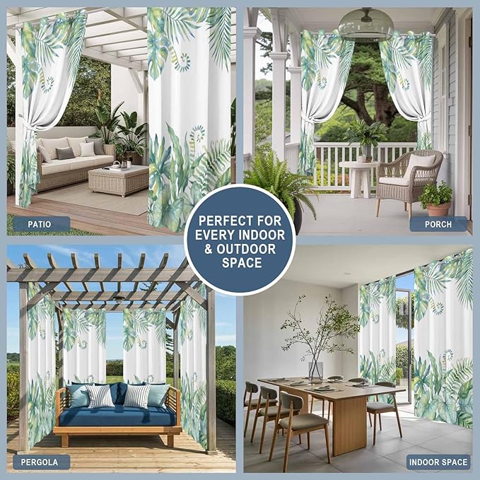 Leaves Outdoor Curtains for Patio Green Leaf Tropical Plants Farmhouse Pastoral Waterproof Outside Curtains with Grommet Top Weatherproof Curtain for Cabana Pergola Gazebo, 1 Panel, 54" W x 95" L