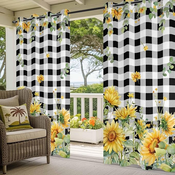 Sunflowers Outdoor Curtains for Patio Summer Floral Eucalyptus Leaf Buffalo Check Waterproof Outside Curtains with Grommet Top Weatherproof Curtain for Cabana Pergola Gazebo, 2 Pack, 54" W x 108" L