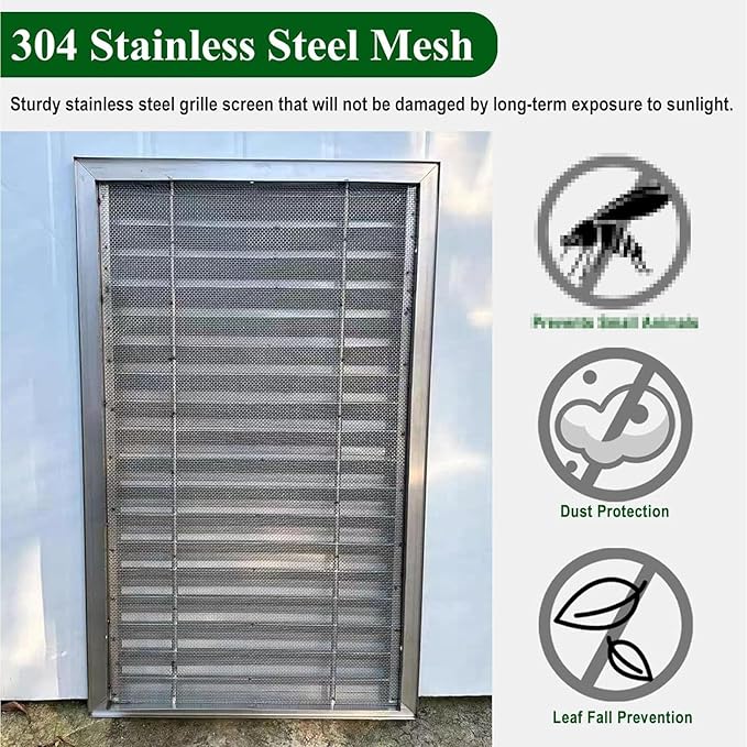 Heat Dissipation Louvered Vent Wall Gable Vents 304 Stainless Steel, Weather-Resistant Air Grille for Shed Barn Generator Box(8x8in/20x20cm)