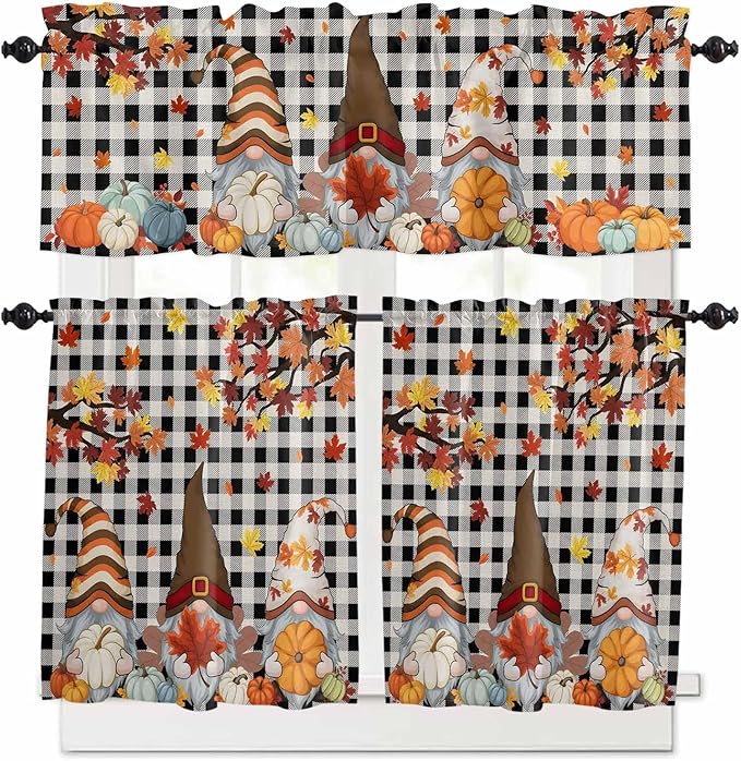 Thanksgiving Gnomes Kitchen Curtain Set, Fallen Maple Leaf Pumpkin Black Plaid Window Valance and Tiers 24" Length, Light Filtering Short Curtains Valance for Cafe Bathroom Bedroom 54"x18"