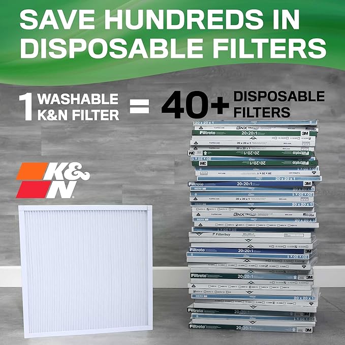 K&N 10x20x1 HVAC Furnace Air Filter, Lasts a Lifetime, Washable, Merv 11, the Last HVAC Filter You Will Ever Buy, Breathe Safely at Home or in the Office, HVC-11020