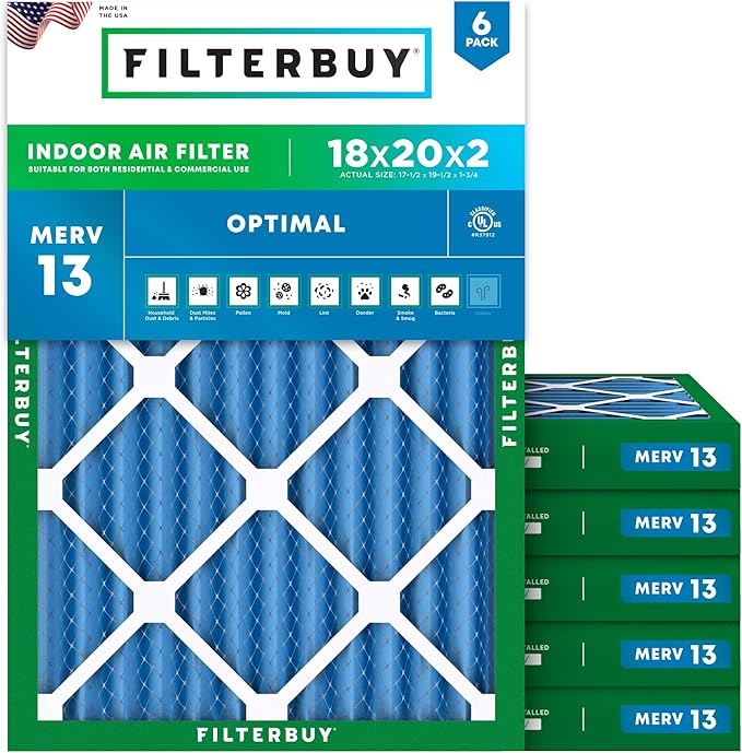Filterbuy 18x20x2 Air Filter MERV 13 Optimal Smoke & Allergy Defense (6-Pack), Electrostatic Pleated HVAC AC Furnace Filters Replacement, Made in USA (Actual Size: 17.50 x 19.50 x 1.75)