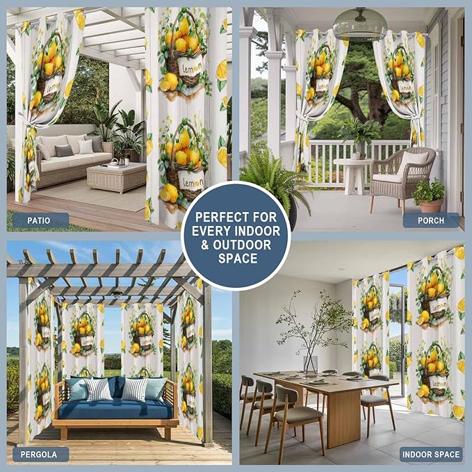 Lemon Outdoor Curtains for Patio Lemons Baskets Summer Tropical Plant Wood Waterproof Outside Curtains with Grommet Top Weatherproof Curtain for Cabana Pergola Gazebo, 1 Panel, 54" W x 108" L
