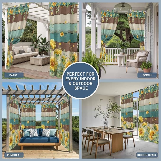 Sunflowers Outdoor Curtains for Patio Summer Floral Eucalyptus Leaves Vintage Wood Waterproof Outside Curtains with Grommet Top Weatherproof Curtain for Cabana Pergola Gazebo, 1 Panel, 54" W x 84" L