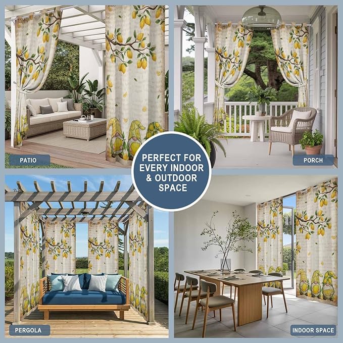 Summer Gnome Outdoor Curtains for Patio Gnome Lemon Leaf Vintage Waterproof Outside Curtains with Grommet Top Weatherproof Curtain for Cabana Pergola Gazebo, 2 Pack, 54" W x 95" L