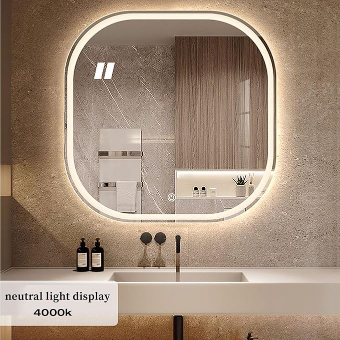 JSLJDM 500X500 mm Illuminated Backlit LED Bathroom Mirror, Wall Mounted Multifunction Bathroom Vanity Mirror with Lights and Demister Pad, Energy-Saving Illuminated Smart Mirror 70cm tricolorlight
