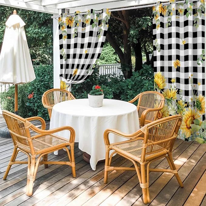 Sunflowers Outdoor Curtains for Patio Summer Floral Eucalyptus Leaf Buffalo Check Waterproof Outside Curtains with Grommet Top Weatherproof Curtain for Cabana Pergola Gazebo, 2 Pack, 54" W x 95" L