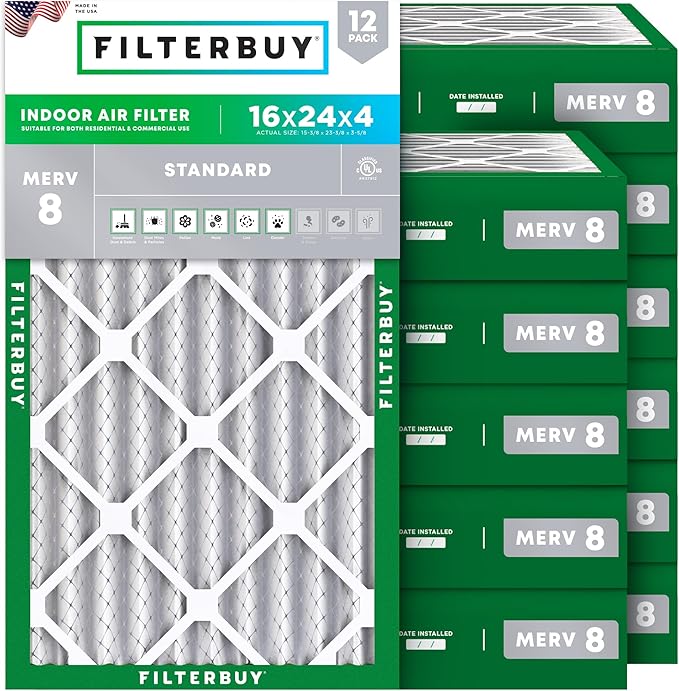 Filterbuy 16x24x4 Air Filter MERV 8 Essential Dust & Allergy Defense (12-Pack), Electrostatic Pleated HVAC AC Furnace Filters Replacement, Made in USA (Actual Size: 15.38 x 23.38 x 3.63)