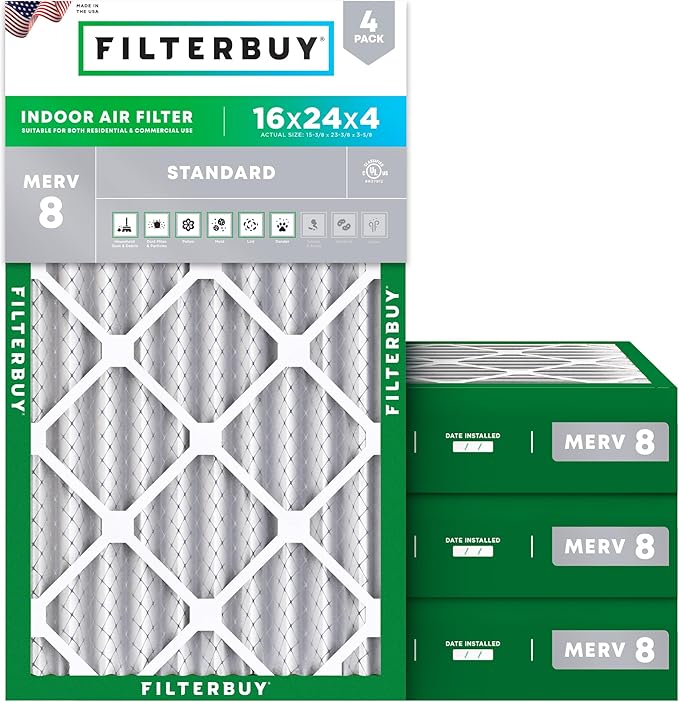 Filterbuy 16x24x4 Air Filter MERV 8 Essential Dust & Allergy Defense (4-Pack), Electrostatic Pleated HVAC AC Furnace Filters Replacement, Made in USA (Actual Size: 15.38 x 23.38 x 3.63)