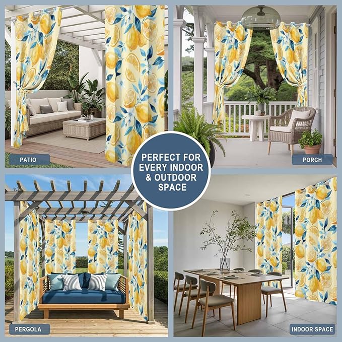 Lemon Outdoor Curtains for Patio Lemon Leaves Summer Plants Begin Waterproof Outside Curtains with Grommet Top Weatherproof Curtain for Cabana Pergola Gazebo, 1 Panel, 54" W x 95" L