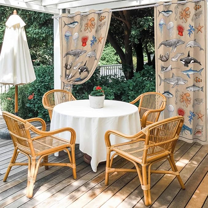 Vintage Outdoor Curtains for Patio Sharks Whales Lobsters Biographies Waterproof Outside Curtains with Grommet Top Weatherproof Curtain for Cabana Pergola Gazebo, 1 Panel, 54" W x 95" L