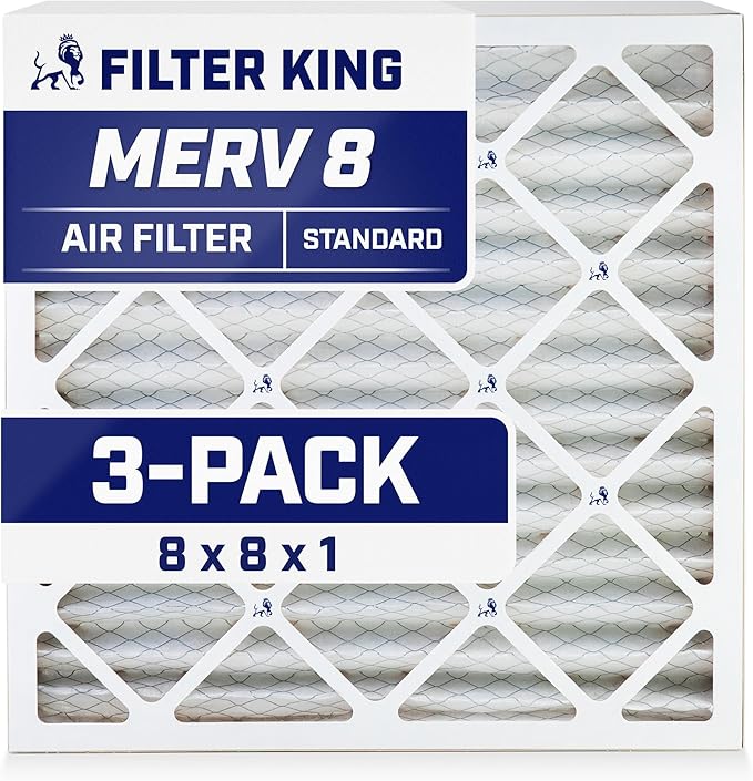 Filter King 8x8x1 Air Filter | 3-PACK | MERV 8 HVAC Pleated A/C Furnace Filters | MADE IN USA | Actual Size: 8 x 8 x .75"
