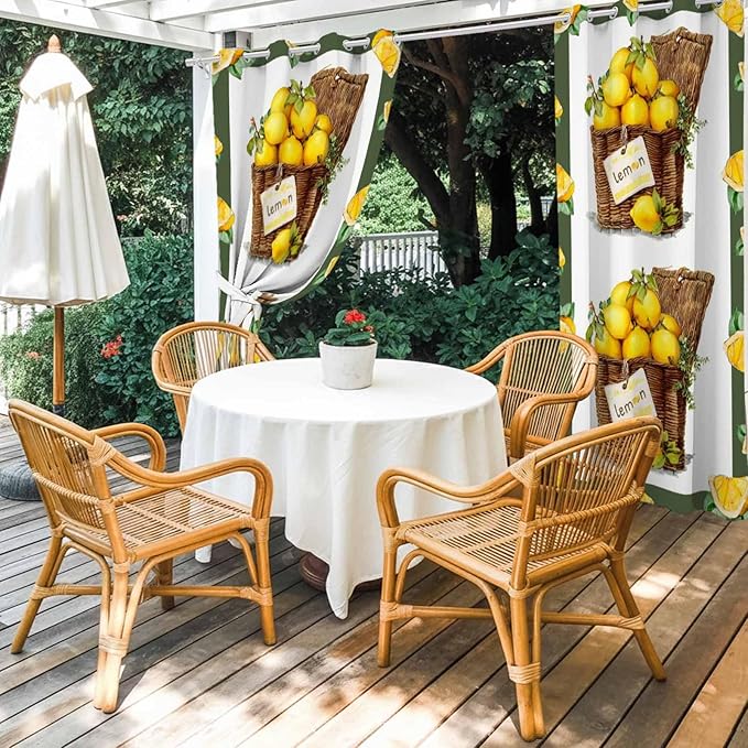 Lemon Outdoor Curtains for Patio Lemons in Baskets Summer Tropical Plants Green Waterproof Outside Curtains with Grommet Top Weatherproof Curtain for Cabana Pergola Gazebo, 1 Panel, 54" W x 95" L