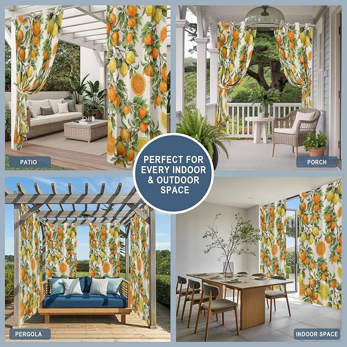 Lemons Yellow Orange Summer Plant Linen Outdoor Curtains for Patio Waterproof Outside Curtains with Grommet Top Weatherproof Curtain for Cabana Pergola Gazebo, 2 Pack, 54" W x 84" L