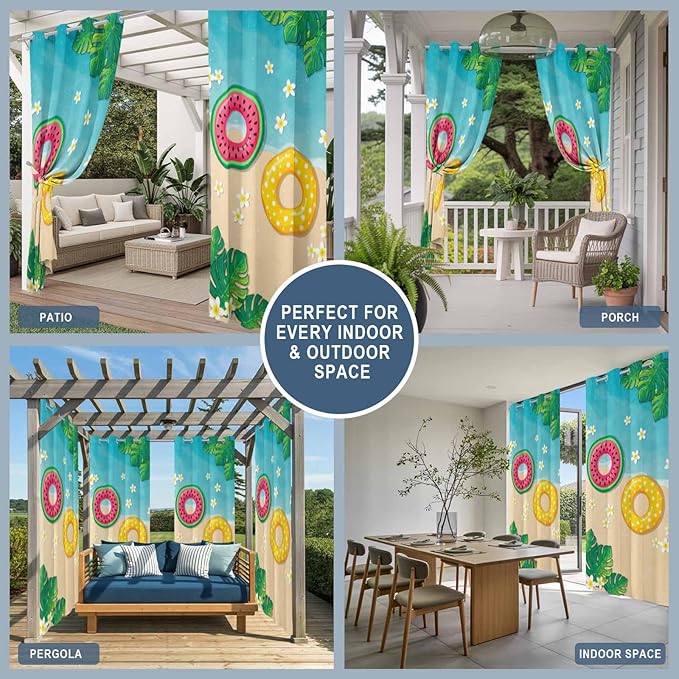 Summer Outdoor Curtains for Patio Plumeria Swimming Circles Ocean Beach Waterproof Outside Curtains with Grommet Top Weatherproof Curtain for Cabana Pergola Gazebo, 1 Panel, 54" W x 84" L