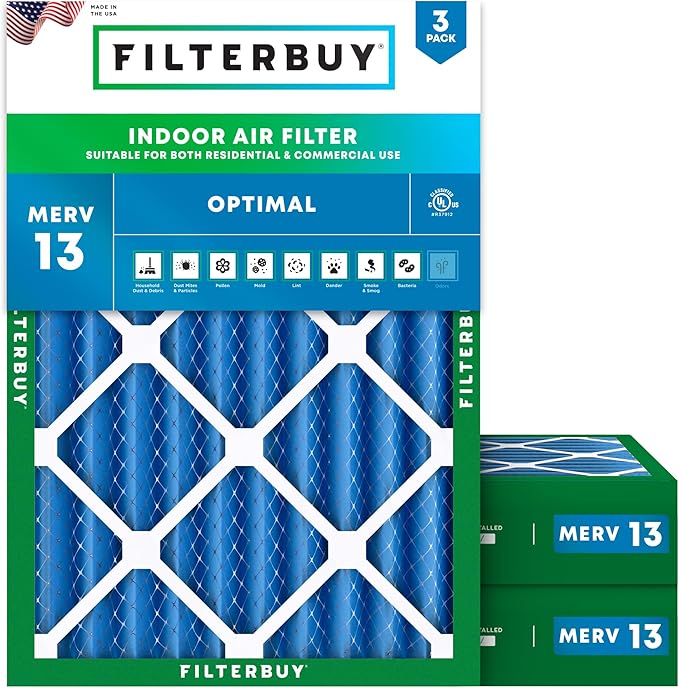 Filterbuy 20x23x4 Air Filter MERV 13 Optimal Smoke & Allergy Defense (3-Pack), Electrostatic Pleated HVAC AC Furnace Filters Replacement, Made in USA (Actual Size: 19.50 x 22.50 x 3.63)