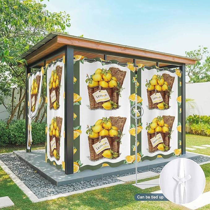 Lemon Outdoor Curtains for Patio Lemons in Baskets Summer Tropical Plants Green Waterproof Outside Curtains with Grommet Top Weatherproof Curtain for Cabana Pergola Gazebo, 1 Panel, 54" W x 108" L