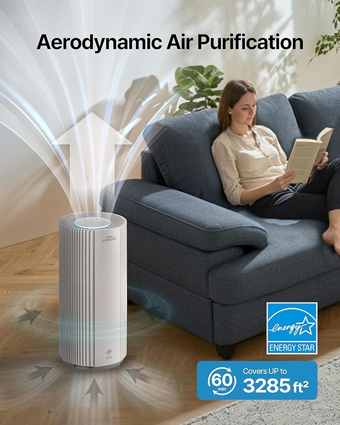COWAY Air Purifier for Large Room Whole Home Up to 3,285 ft², HEPA Filter for Smoke, Allergen, Pet Dander, Odor, PM(1, 2.5, 10), AQI, Turbo Eco Mode, Energy Star, 3yr Warranty, Airmega 450 White