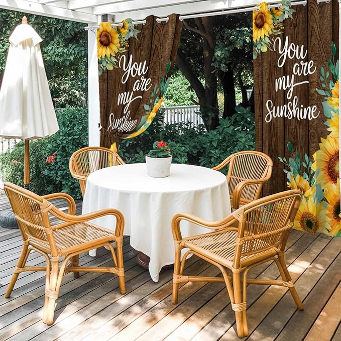 Summer Outdoor Curtains for Patio Sunflowers Eucalyptus Leaves Wood Waterproof Outside Curtains with Grommet Top Weatherproof Curtain for Cabana Pergola Gazebo, 1 Panel, 54" W x 84" L