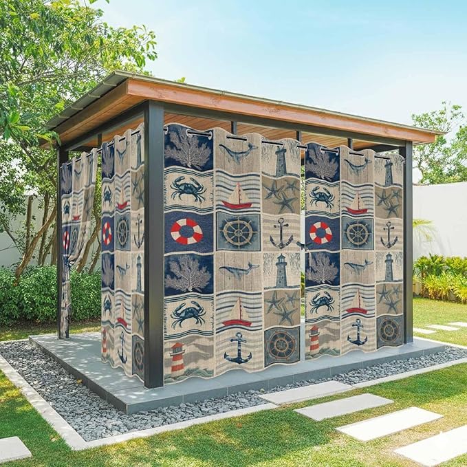 Oceans Outdoor Curtains for Patio Shell Starfish Whales Summer Vintage Waterproof Outside Curtains with Grommet Top Weatherproof Curtain for Cabana Pergola Gazebo, 2 Pack, 54" W x 84" L