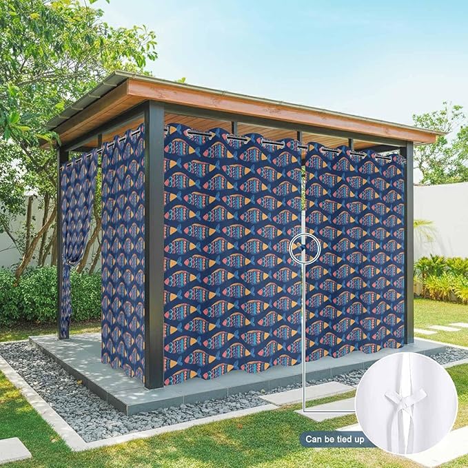 Fish Outdoor Curtains for Patio Vintage National Wind Fish Blue Waterproof Outside Curtains with Grommet Top Weatherproof Curtain for Cabana Pergola Gazebo, 1 Panel, 54" W x 84" L