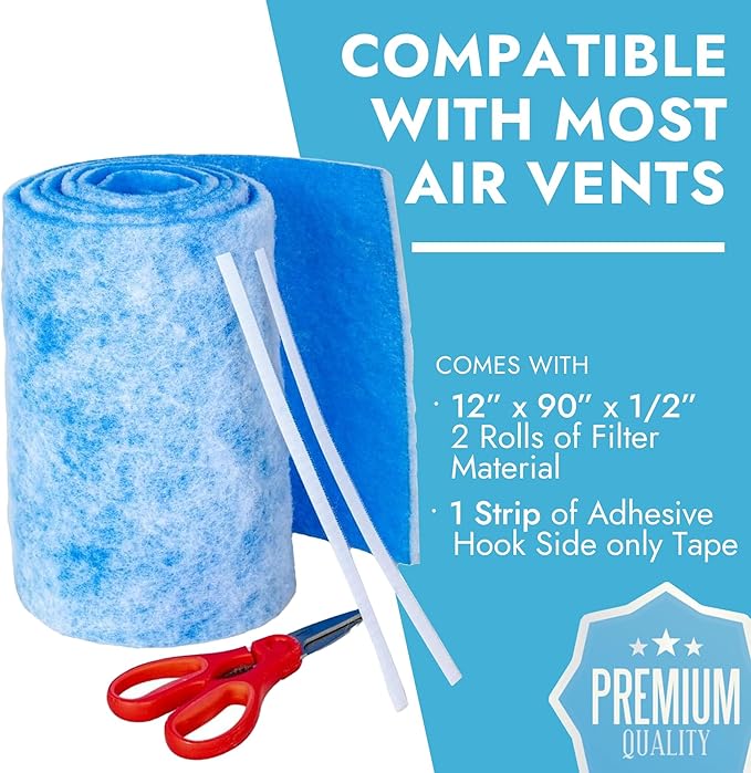 NORTHWEST ENTERPRISES Cut to Size Floor Vent Air Filters for home - MERV 8 Electrostatic Cut to Fit Air Filter Roll & Adhesive Hook Tape (12" x 90" Triple Filtration)