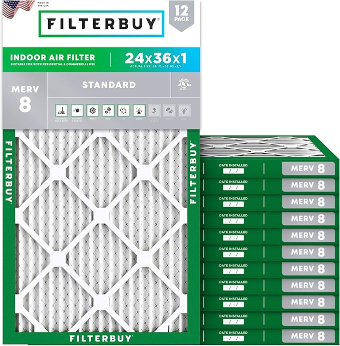 Filterbuy 24x36x1 Air Filter MERV 8 Essential Dust & Allergy Defense (12-Pack), Electrostatic Pleated HVAC AC Furnace Filters Replacement, Made in USA (Actual Size: 23.50 x 35.50 x 0.75)