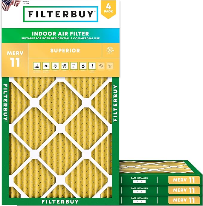 Filterbuy 10x18x1 Air Filter MERV 11 Superior Pet & Allergy Defense (4-Pack), Electrostatic Pleated HVAC AC Furnace Filters Replacement, Made in USA (Actual Size: 9.50 x 17.50 x 0.75)